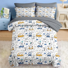Pamnest Comforter Set Full Size, Funny Car Dinosaur 7 Pcs Bedding for Kids and Adults, Adventure Nursery Dino Bed Sheet Sets with Fitted Sheet 2 Pillowcases & 2 Shams for Bedroom Bed Decor