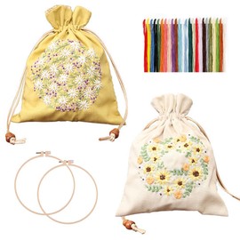 PAIKIUU 2Pack Embroidery Kits Drawstring Bag for Beginners Adults, DIY Sewing Handbag Kit Canvas Bag Embroidery Start Kit with Flower Patterns, Instruction and Hoops Yellow and White