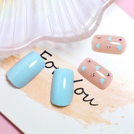 Vezocim Press on Nails Medium Blue Heart 24Pcs Glossy Full Cover Square False Nails with Rhinestone Designs Artificial Coffin Fake Nails with Glue Stick on Fingernails for Women