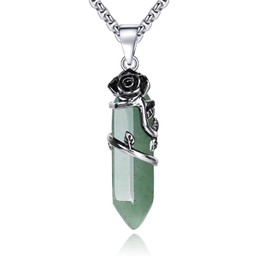 JBAERD Flower Wrapped Crystal Necklace Reiki Healing Crystal Necklace Silver Hexagonal Pointed Gemstone Pendant Aventurine Stone Necklace Jewelry Gifts for Women