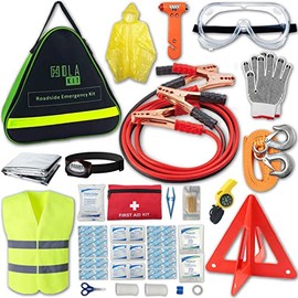HolaKit Auo Emergency Kit, 55-Piece Car Emergency Roadside Kit with Jumper Cables, First Aid Kit, Safety Hammer, Goggles, Tow Ropes and More Ideal Car Essential Accessories for Women and Men