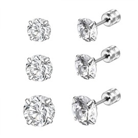 Candyfancy 3 Pairs 316L Surgical Stainless Steel Earrings Set,Size 6mm 7mm 8mm,AAA Cubic Zirconia Single Ears Stud, Simple, Transparent, Multiple Hole Earrings,Hypoallergenic