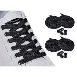 ELANOX 8 mm Wide Elastic Shoelaces, Pack of 4 for 2 Pairs of Shoes, with Metal Capsules, Shoe Laces without Ties, Quick Release, Rubber Shoelaces, for Adults & Children, black