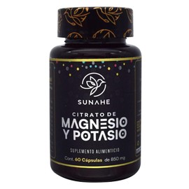 Citrato de Magnesio y Potasio Sunahe  60 Cápsulas de 850 mg  Suplemento para la Salud Muscular y Nerviosa  Apoyo para Calambres y Bienestar General   