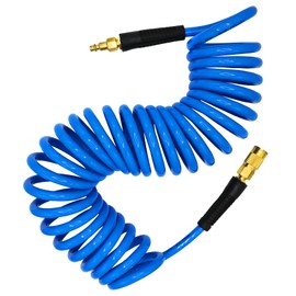 YOTOO Polyurethane Recoil Air Hose 3/8" Inner Diameter by 25' Long with Bend Restrictor, Repairable 1/4" Industrial Quick Coupler and Plug, Blue