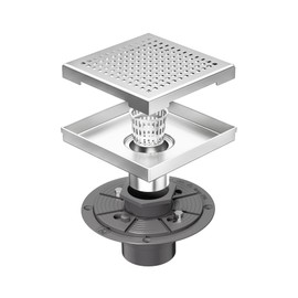 Neodrain 6-Inch Square Shower Drain with Removable Quadrato Pattern Grate, PVC Shower Drain Base and Rubber Gasket for Bathroom Floor Drain, Brushed 304 Stainless Steel, Includes Hair Strainer