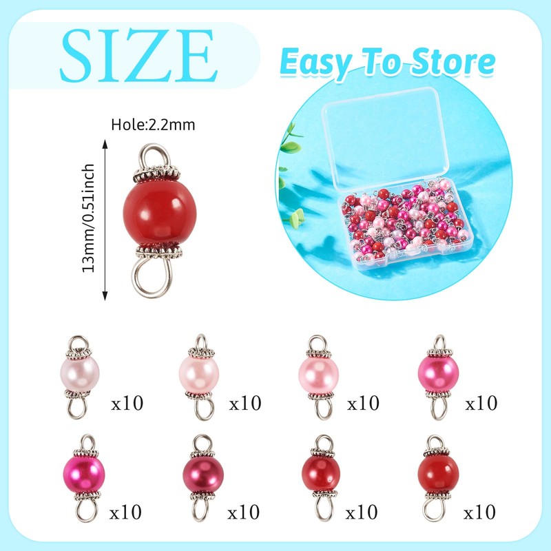 Pandahall 80Pcs Glass Pearl Connector Charms 13mm Pastel Pink Red