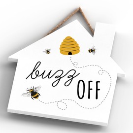 Global Designs Buzz Off Bee Themed Decorative Wooden House Shaped Hanging Plaque