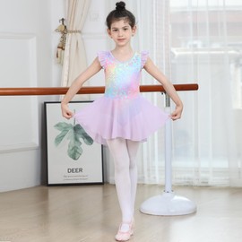 Stylish Girls' Ballet Leotard with Skirt - Elegant Flutter & Ruffle Sleeves, Comfortable Stretch Fit, Perfect for Dance, Lavender Size 5-6T