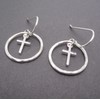 1" Lightweight Cross Charm Dangle Hammered Argentium Sterling Silver Hoop