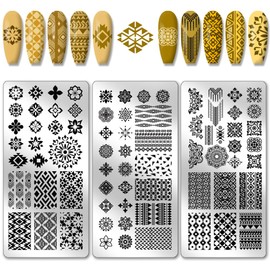 PH PandaHall 3pcs Bohemian Nail Stamping Plates Flower Nails Art Stencils Geometric Texture Nail Art Templates Ethnic Styles Nails Design Stamp Plate with Stamper and Scrape for Women Design Manicure