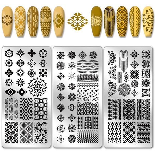 PH PandaHall 3pcs Bohemian Nail Stamping Plates Flower Nails Art