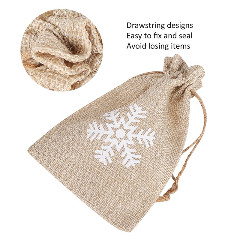 25Pcs Drawstring Bag Like Linen Snow Pattern Gift Bag Christmas