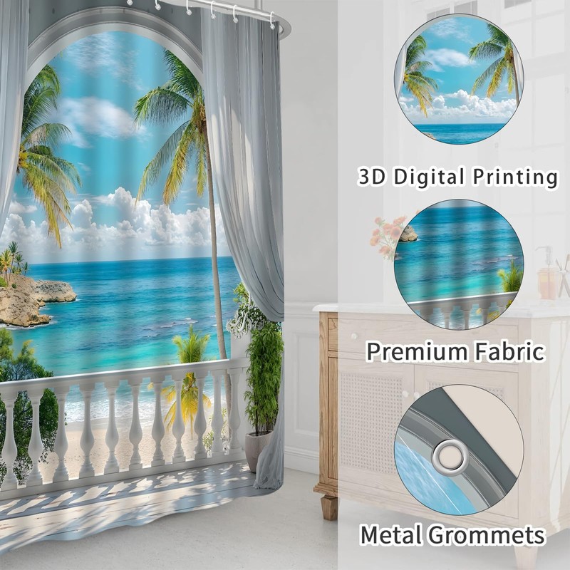 HUSPWP Ocean Beach Shower Curtain, Tropical Hawaiian 70x70IN