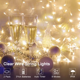 Paquete de 2 luces LED de 25.5 pies, 70 luces LED que funcionan con pilas, cadena de luces con temporizador, 8 modos, luces centelleantes, alambre transparente para boda, fiesta, recámara, decoración