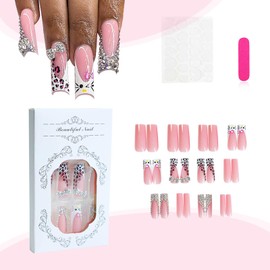 RTKHFZE Press on Nails Long Square Fake Nails French Tip Press On False Nails with Full Rhinestones and Leopard Designs Acrylic Glue on Nails Pink Full Cover Stick on Nails for Women Manicure 24Pcs