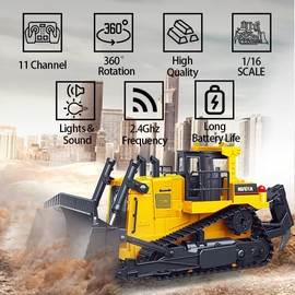 The perseids Remote Control Bulldozer 1/16 Full Functional Construction Toys, 11 Channel Heavy RC Bulldozer 2.4Ghz RC Offroad Dozer Vehicles with Light and Sound for Adults and Boys