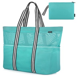 GAGAKU Beach Bag XXL Family Bath Bag Large Beach Bag with Zip Beach Bag Mesh Beach Bag for Beach Travel - Black/Grey/Green, 3_XXL_Green