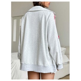 MakeMeChic Women's Bow Decor Graphic Full Zip Sweatshirt Long Sleeve Y2K Outerwear Grey Large