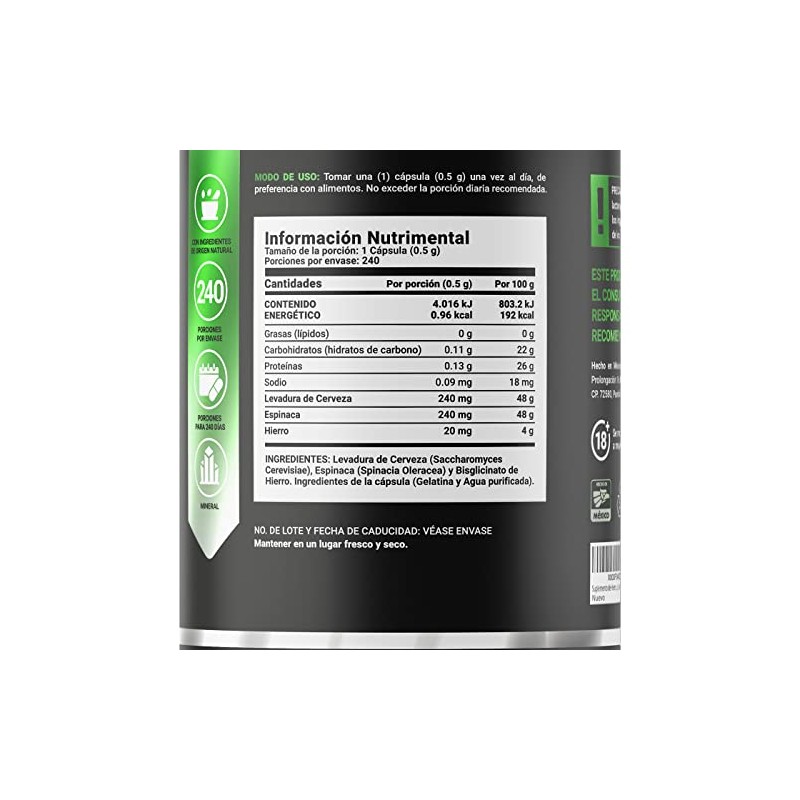 Hierro 240 Cápsulas Levadura Cerveza Espinaca Ingredientes Naturales Iron Blend