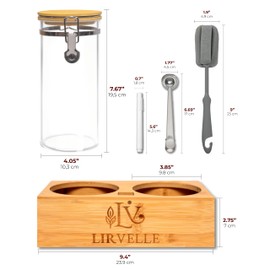 Lirvelle Airtight Coffee Canister with Scoop | Curated Glass Storage Set for Beans, Grounds & Sugar | 9-Piece Ritual Organizer with Bamboo Base, Versatile Artisan Spoon, Labels & Cleaning Brush