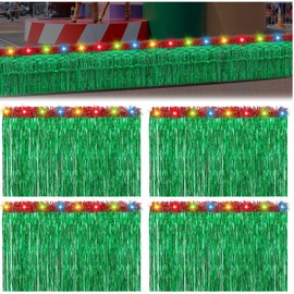 Crowye 8 Pcs LED Christmas Parade Float Decorations Set Foil Fringe Table Skirt and Tinsel Garland Shiny Metallic Tassel Banner for Trailer Glow Christmas Float Supplies (Red Green,Classic)