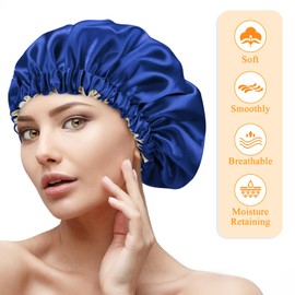 Mugust Satin Bonnet,1PC Silk Sleep Bonnets for Women, Adjustable Satin Night Sleeping Cap Soft Elastic Band Silk Bonnets for Sleeping, Hair Bonnet for Curly Hair Braid Women (Adjustable-Blue)