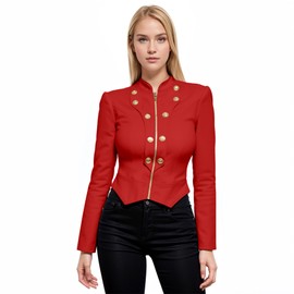 Hybrid & Company Women's Fashion Military Crop Stretch Gold Zip up Blazer Jacket KJK1125 RED XLarge