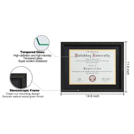 VIOLABBEY 11x14 Shadow Diploma Frames Matte Black, Fits 8.5x11 Certificate or College Degree with Mat or 11x14 without Mat, HD Semi-tempered Glass, Wall or tabletop Display (Black Gold Double Mat)