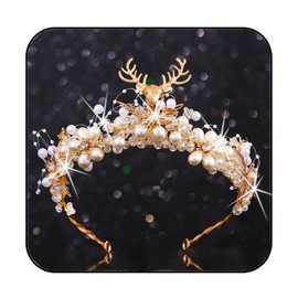 Brishow Antler Pearl Crown Gold Rhinestone Bridal Tiara Sparkly Fairy Headpiece for Women