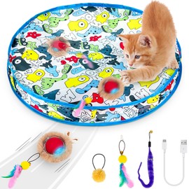 ROTESONNE Interactive Cat Toys, Cat Ball Fast Rolling in Pouch, Indoor Hide and Seek Automatic Moving Kitten Toys with LED Light, Fuzzy Bell Tail, Motion Activated Chirping