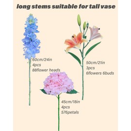 LA.PONEE Premium Silk Artificial Flower Arrangements, Fake Pink Hydrangeas Blue Delphiniums and Orange Lilies, Indoor Faux Floral DIY Bouquets for Tables Home Office Rooms Wedding Party Decor