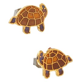 Brown Gold Tone Cloisonne Turtle Pierced Earrings For Women Set
