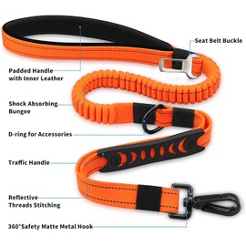 Bungee Dog Leads with Car Seat Belt Buckle, Multipurpose Reflective Dog Leash with Soft Padded & Traffic Control Handle, Anti Pull Shock Absorbing Dog Walking/Running/Training Leash for Medium