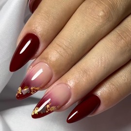 MERVF Almond Press on Nails Medium Fake Wine Red Ombre French Tip Glue ons Nail Gold Design Stiletto Acrylic Burgundy Manicure Glossy 24pcs