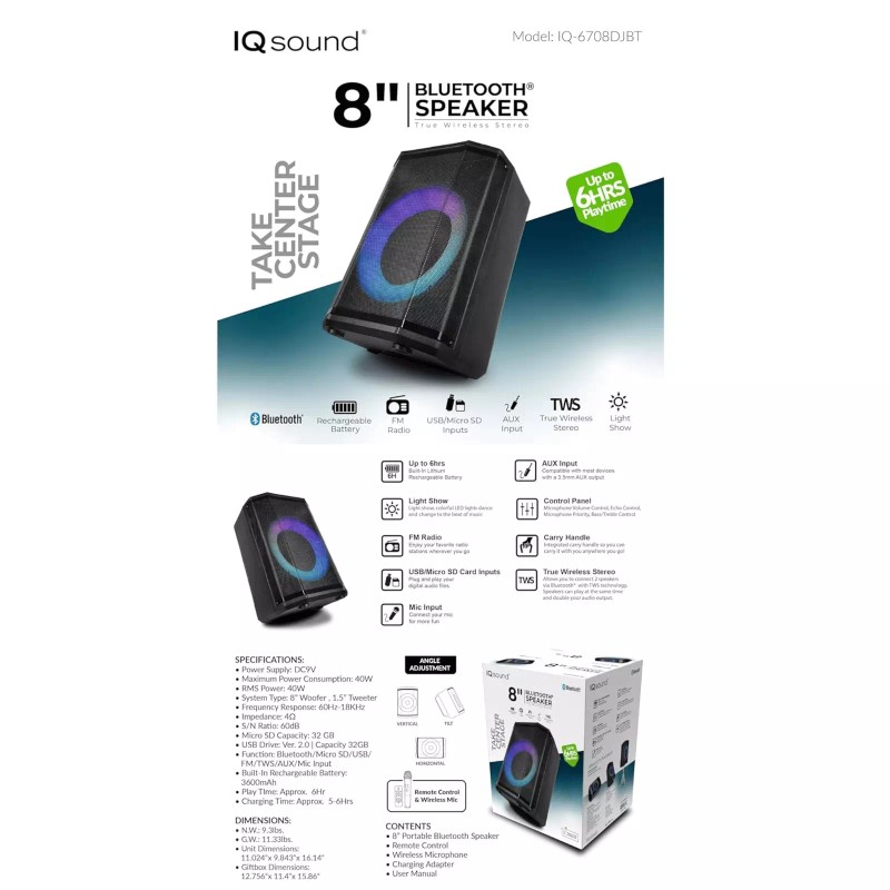 Supersonic 8" Bluetooth Speaker with True Wireless Technology and Carry