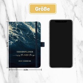 Pocket Calendar 2026 - Diary 2026 A6, Calendar 2026 A6 from January 2026 to December 2026, Weekly Planner 2026 with Hard Cover, 2 Bookmarks, Pen Loop, Dark Blue