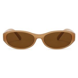 LJCZKA Retro Oval Sunglasses for Women Men Trendy Small Oval Sunglasses Vintage 90s Narrow Cat Eye Frame Shades UV400 Protection (Light Brown Brown)