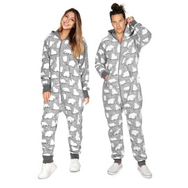 Tipsy Elves Christmas Onesies for Adults - Comfy Unisex Matching Holiday Jumpsuits with Convenient Pockets - Grey Polar Bear Christmas Jumpsuit Size Small