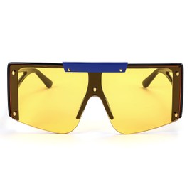 FEISEDY Women Sunglasses, Oversized Square Flat Top Shield Shades for Men B4060, Blac Blue Frame & Yellow Lens, 70mm