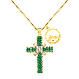 Oneress Women's Green Zirconia Cross Necklace - Delicate Double Cross Jewelry - Ideal for Christian Events, Birthdays, and Special Occasions - Best Friends & Sisters - YA4784
