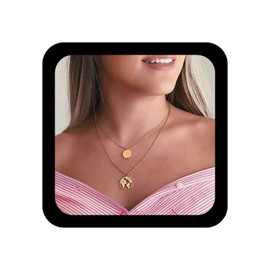 Yheakne Boho Layered Coin Card Necklace Gold Disc Pendant Necklace Chain Vintage Double Layer Necklace Jewellery for Women and Girls (Gold with Card)