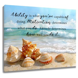 HVEST Ocean Beach Seashell Wall Art Coastal Beach Seashell with Inspirational Quotes Canvas Wall Art, Nature Wall Art for Living Room Bathroom Bedroom Office Decor Ready to Hang, 12Lx16W Inches, Blue