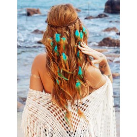 CAKURE Boho Feather Headband Gypsy Headpiece Peacock Hair Bands Bohemian Hippie Headbands Adjustable Headwear Long Feather Hair Accessories for Women and Girls (Type C)