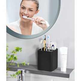 Luxspire Toothbrush Holders, 3 Slots Toothpaste & Toothbrush Holder for Bathroom, Resin Toothbrush Stand, Electric Toothbrush Holder with Drain Hole, Bathroom Organizer Countertop, Matte Black