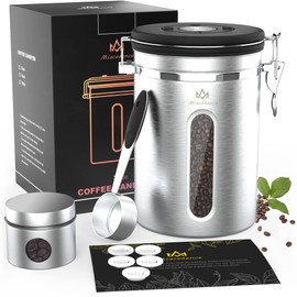 Coffee Canister for ground coffee with Transparent Window,Date Tracker,CO2 Valve,Scoop,304 Stainless Steel Kitchen Food Airtight storage container for Coffee Beans or Grounds, Tea, Sugar(Silver 22OZ)