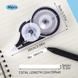 36 Correction Rollers, 12 m x 5 mm Correction Tape Set, Mini Correction Mouse Correction Tape with Protective Cap for Children, Students, Office, Home (Black)