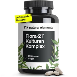 natural elements Flora 21 Culture Complex - 21 Bacterial Strains + Organic Inulin - 180 Enteric Juice-Resistant Capsules - Laboratory Tested, Vegan, High Dose and Produced in Germany