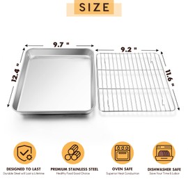 Stainless Steel Baking Sheet with Rack Set, E-far 12.4”x9.7” Cookie Sheet Broiling Pan for Oven, Rimmed Metal Tray with Wire Rack for Cooking/Baking/Cooling/Bacon, Non-toxic & Dishwasher Safe