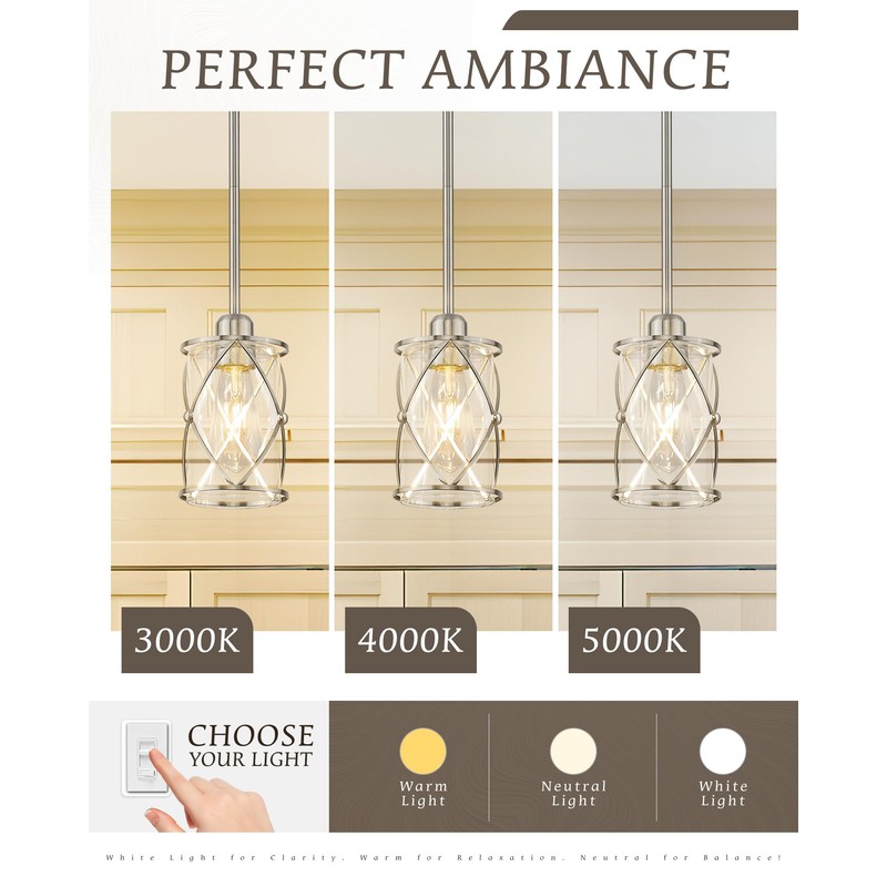 Osimir Brushed Nickel Pendant Lights Kitchen Island 3 Pack, Glass